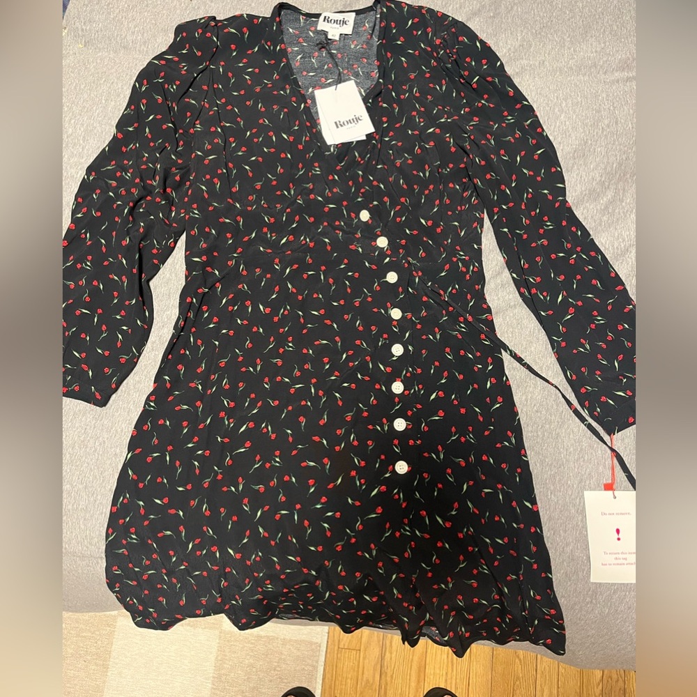 NWT Rouje Gabinette Dress, black with Red Floral Design
